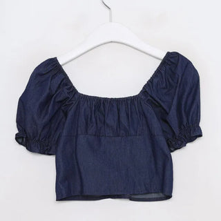 Denim puff blouse