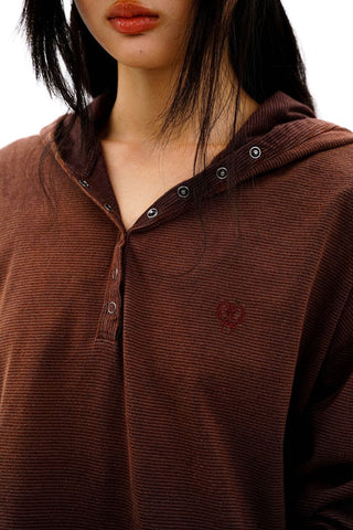 [Moromoro2] Striped Henry Collar Hooded Long Sleeve  Tee
