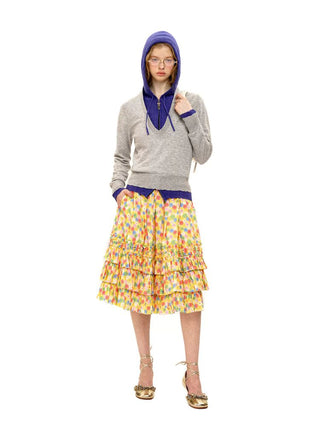[Moromoro2] Patchwork Distressed Layered Hooded  Sweater