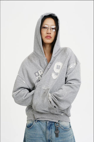 [MASONPRINCE] Boxy Fit Distressed Patch Zip-Up Hoodie