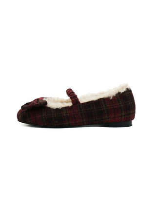 [Moromoro2] Plaid Bow Fur-Lined Ballet  Flats