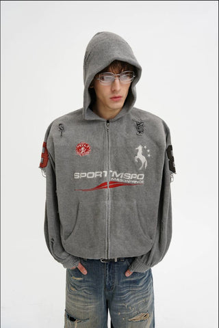 [MASONPRINCE] Distressed Boxy Hooded Knit Cardigan