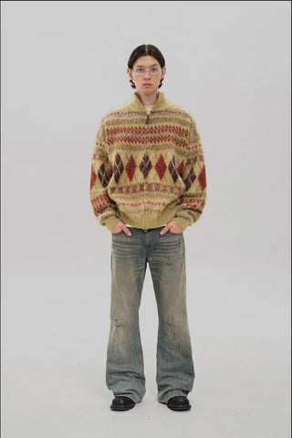 [MASONPRINCE] Wool Blend Fair Isle Fitted Cardigan