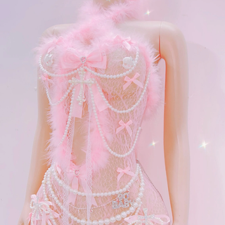 Bowknot feather hollow out ribbon jumpsuit