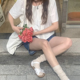 Pleated short-sleeved blouse