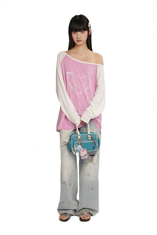 [Moromoro2] Y2K Bunny Print Wide Neckline Raglan  Tee