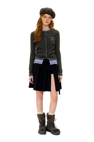 [Moromoro2] Layered Hem Plaid Bow Slim Fit  Cardigan