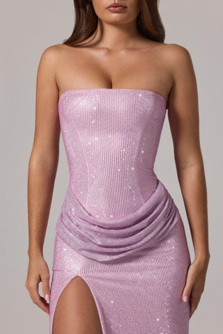 Embellished Bandeau Cowl-Waist Maxi Dress in Pink