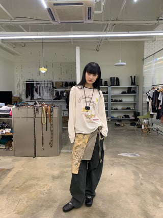 [NEVERSEEZ] Linen Blend Layered Neckline Long Sleeve Tee