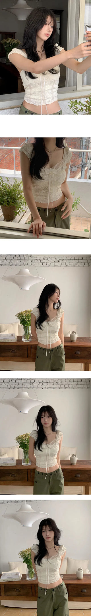 Luca Lace Ribbon Short Sleeve Blouse T-Shirt - 2 Colors