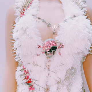 Fluffy rivet halter skull applique self tie mini skirt set