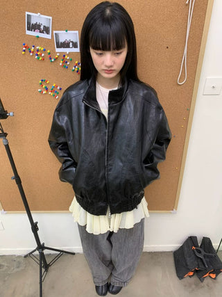 [NEVERSEEZ] Stand Collar Oversized PU Jacket