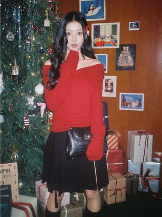 [Moromoro2] Bow Pleated Off-shoulder Knit  Sweater