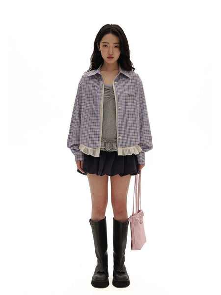 [Moromoro2] Layered Lace Hem Plaid Embroidered  Shirt