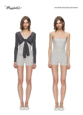 [NECY] Fog Grey Floral Fake Knot Top & Suspender Jumpsuit