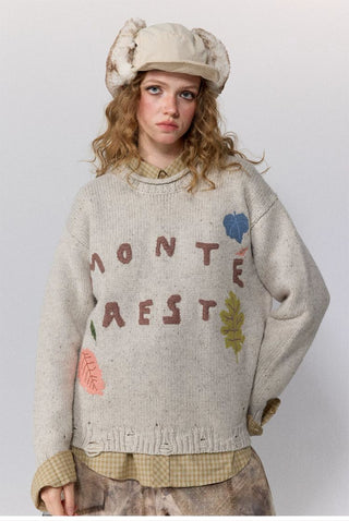 [Monterest] Distressed Crewneck Embroidered Sweater