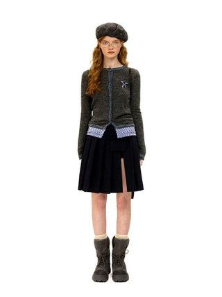 [Moromoro2] Layered Hem Plaid Bow Slim Fit  Cardigan