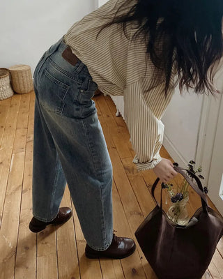Semi-wide straight denim pants