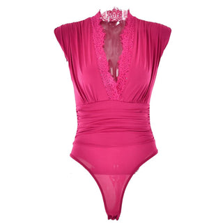 V neck lace hem ruched solid bodysuit