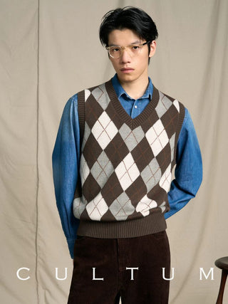 [CULTUM] Wool Blend Argyle V-Neck Knit Vest