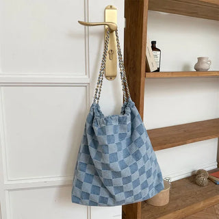 Checked denim chain bag