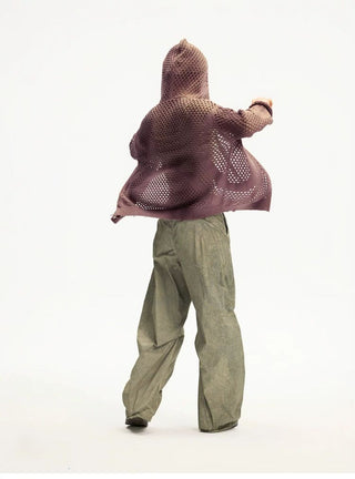 [Monterest] Spiral Mesh Washed Hooded Knit Cardigan