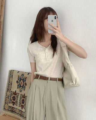 Linen ribbed button knit