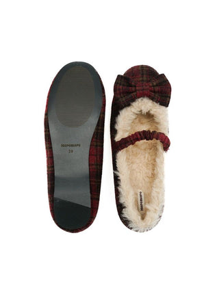 [Moromoro2] Plaid Bow Fur-Lined Ballet  Flats