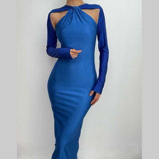 Long sleeve beaded zip-up hollow out patchwork cut out maxi dress-final-sale