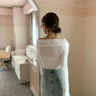 Shirred Asymmetrical Off-Shoulder Long T-Shirt