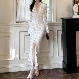 Long sleeve lace slit maxi dress