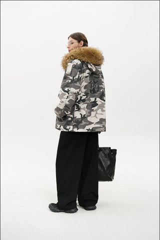 [MASONPRINCE] Camouflage Fur Collar Oversized Parka Coat