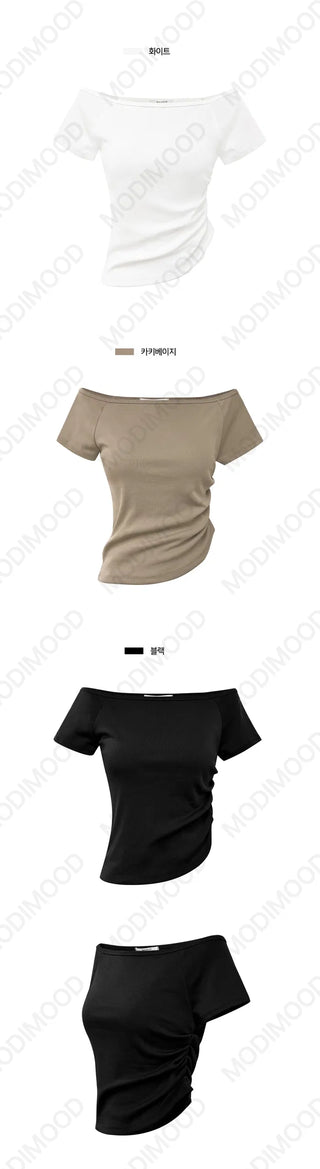 Bio Faded MOMU BASIC shirring short-sleeved off-the-shoulder T-shirt - 3 colors