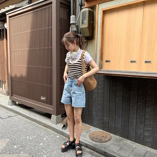 Striped perforated knit vest