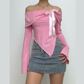 Irregular off shoulder bowknot ribbon long sleeve top