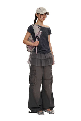 [Moromoro2] Gradient Washed Wide Leg Cargo  Pants