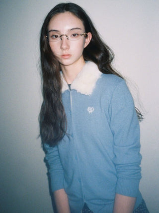 [Moromoro2] Faux Fur Collar Logo Knit  Cardigan
