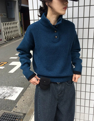 Wool button half-neck knit