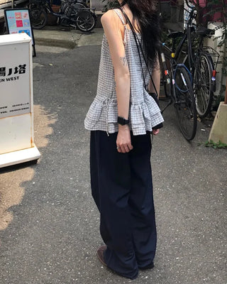 Checked Shirring Sleeveless Dress