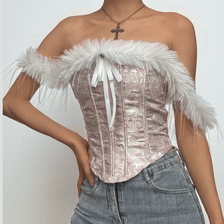 Off shoulder fluffy print corset bowknot top