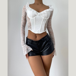 Long flared sleeve v neck ruffle lace corset top