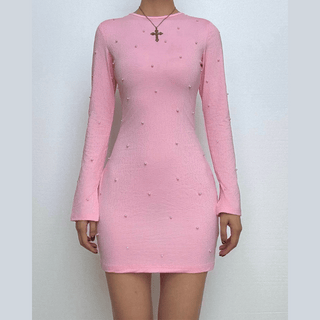 Crewneck long sleeve beaded backless mini dress
