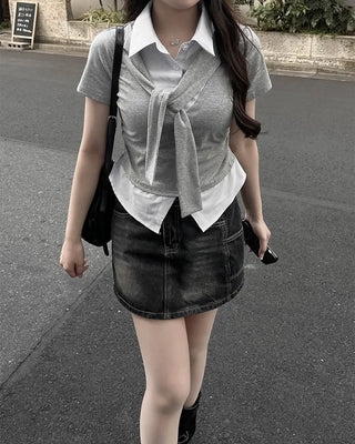 Shoulder Tie Shirt Layered T-Shirt