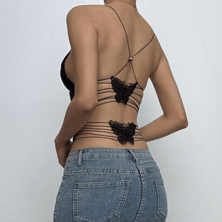 Sheer mesh butterfly applique see through backless solid top