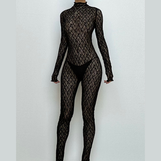 Long sleeve lace high neck zip-up see through jumpsuit