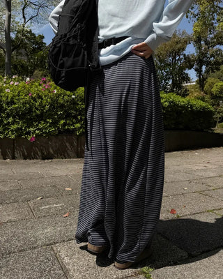 Striped elastic waist long skirt