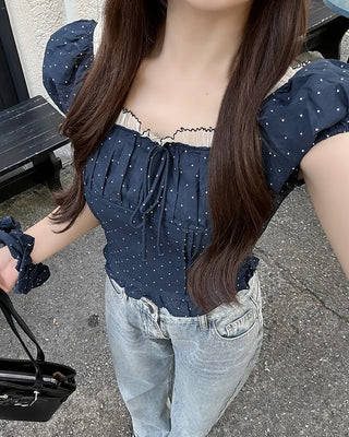 (Set) Polka Dot Puff Blouse and Scrunchie