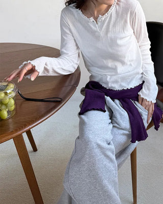 Half-button frill ribbed long T-shirt
