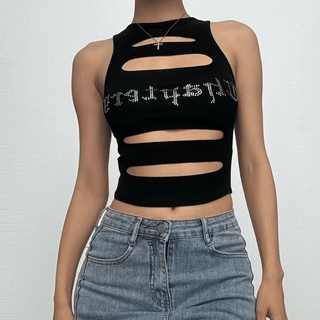 Sleeveless crewneck hollow out beaded contrast crop cut out top