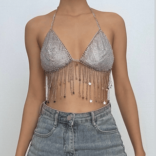 Metal chain halter beaded v neck tassels top